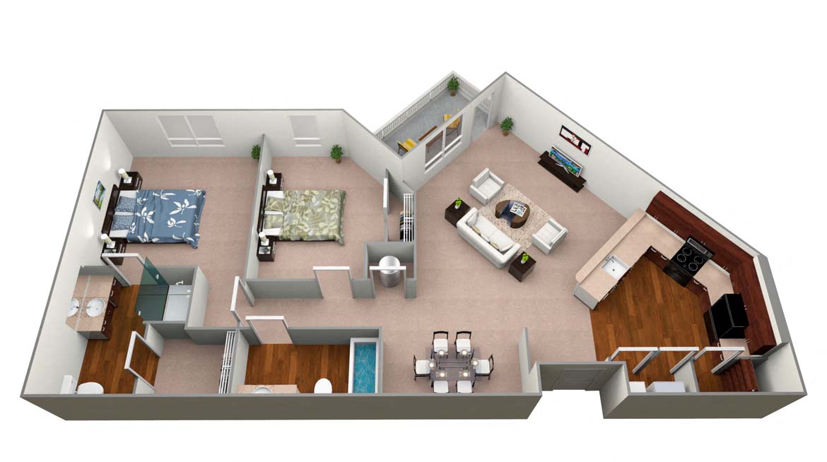Floor plan for 2 beds, 2 baths, 1115 sqft